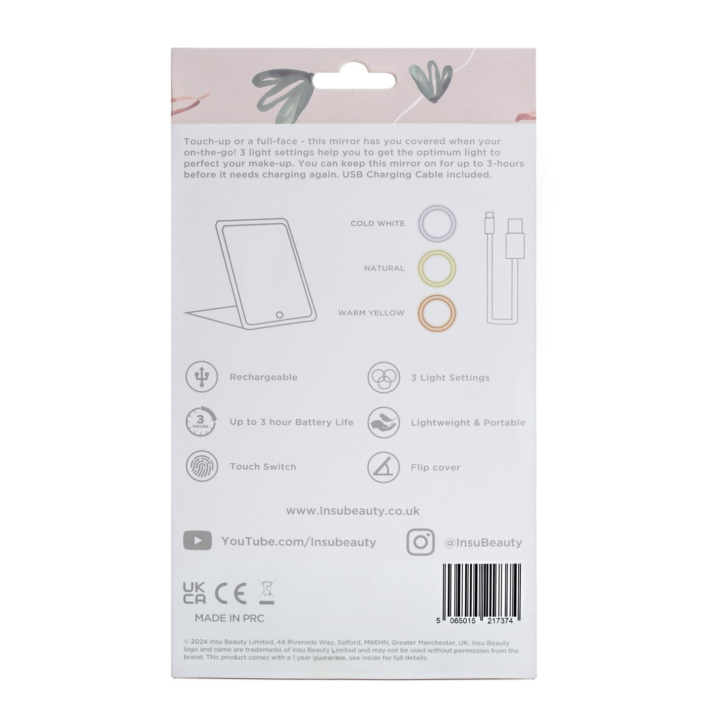 Insu Beauty LED Travel Makeup Mirror, 3 Colour Light, Rechargeable, Dimmable, Touch Control