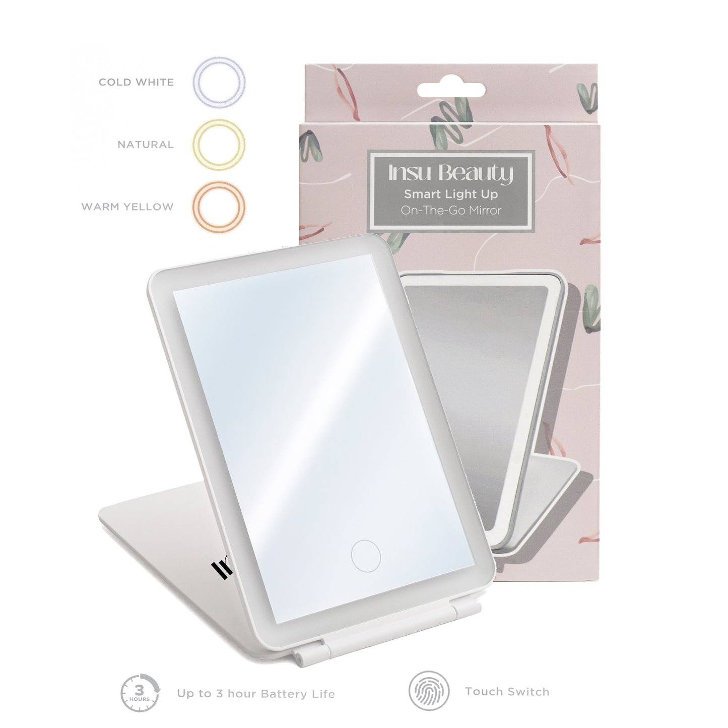 Insu Beauty LED Travel Makeup Mirror, 3 Colour Light, Rechargeable, Dimmable, Touch Control